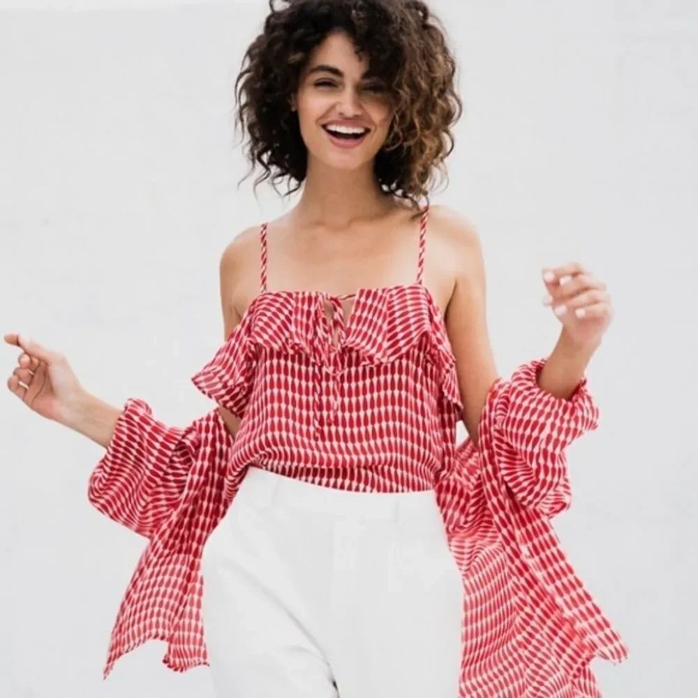 Tucker Ruffle Camisole Red Teardrop in Double Georgette Silk